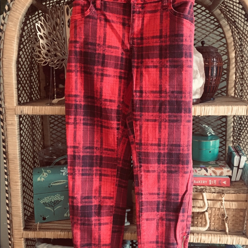 Red Tartan Plaid Check Emo Punk Skinny Pants